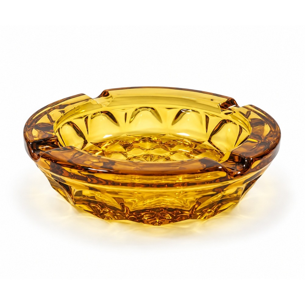 Vintage Amber Glass Ashtray 6" Heavy Pressed Glass Floral Starburst MCM